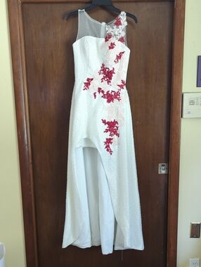 White High-Low Dress with Red Floral Appliqué